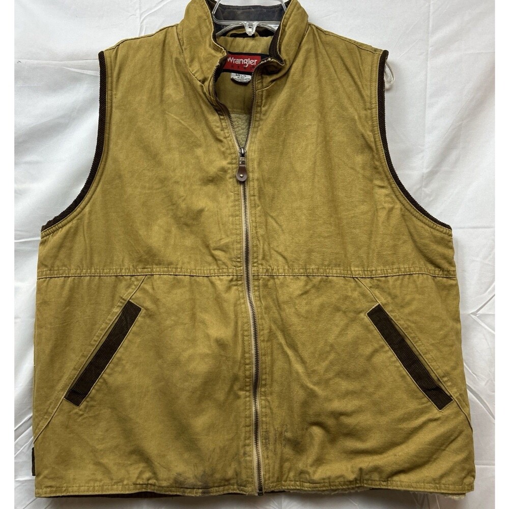 Vintage Wrangler Hero Mens L Tan Canvas Sherpa Lined Vest Workwear Distressed